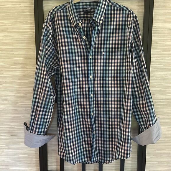 NWT Izod premium essentials blue plaid, checkered button down shirt, m - Picture 1 of 4